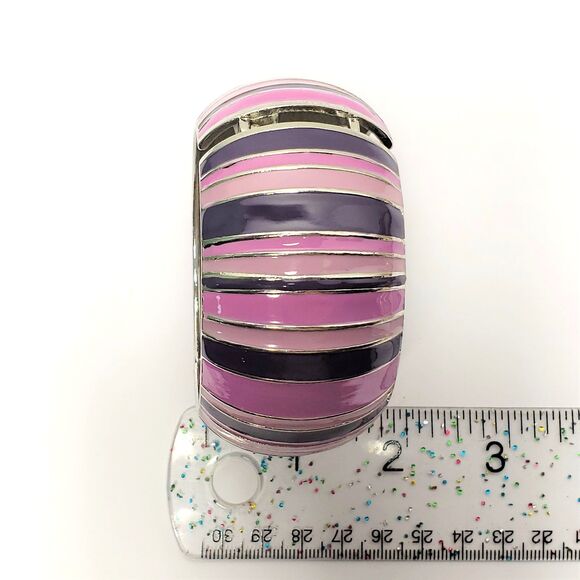 Pink Purple 1.5" Wide Clamper Bracelet Silver Tone Metal Chunky Domed Striped - Picture 7 of 9
